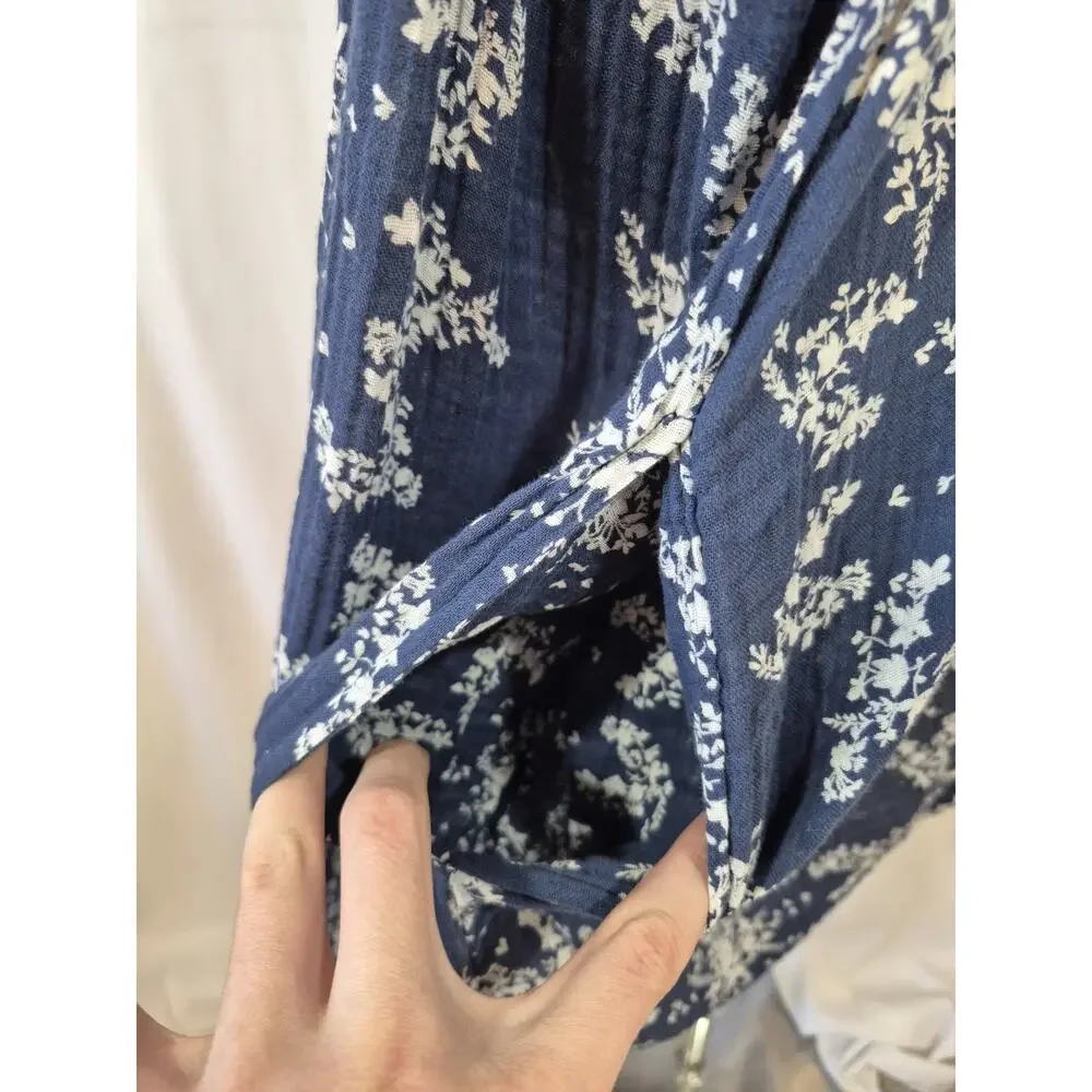Free People Belezza Babydoll Floral Printed Blue Cotton Mini Dress Large